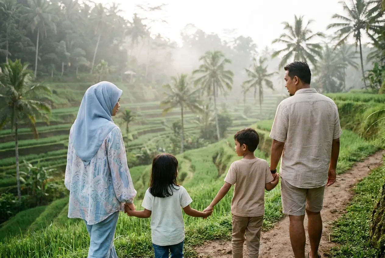 Sebuah keluarga Melayu berempat berjalan berpimpin tangan di teres padi Tegallalang, Bali