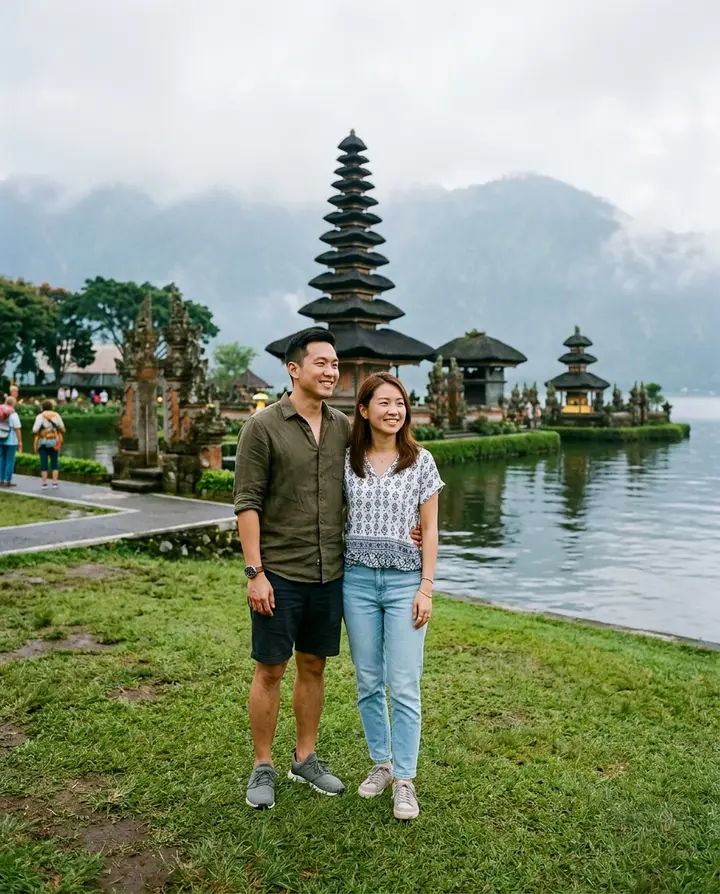 Pasangan Cina Malaysia di kuil Ulun Danu Beratan di tepi tasik, Bali