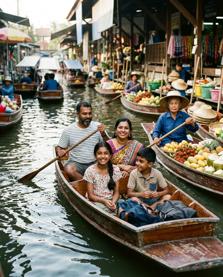 Keluarga India Malaysia menaiki bot di pasar terapung berhampiran Bangkok
