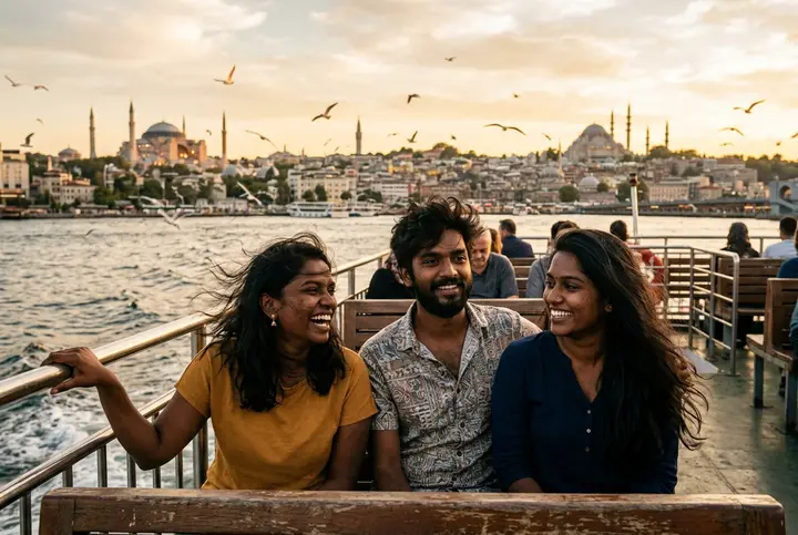 Tiga sahabat Malaysia di atas feri Bosphorus waktu senja, masjid di latar Istanbul