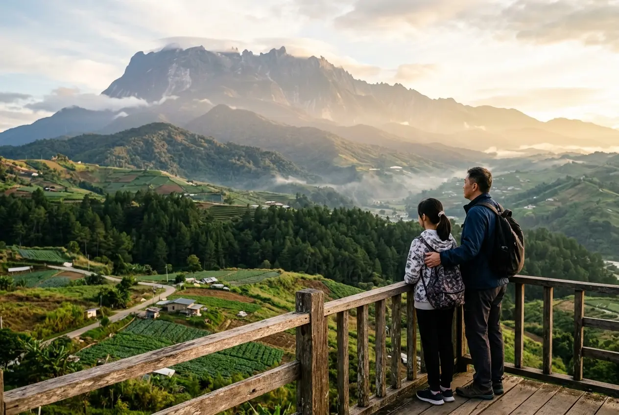 Bapa dan anak perempuan memandang Gunung Kinabalu ketika matahari terbit dari Kundasang