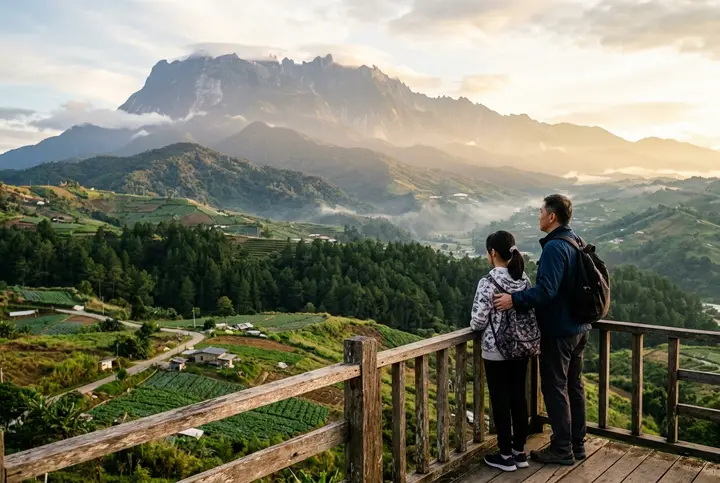 Seorang bapa dan anak perempuan memandang Gunung Kinabalu ketika matahari terbit dari Kundasang