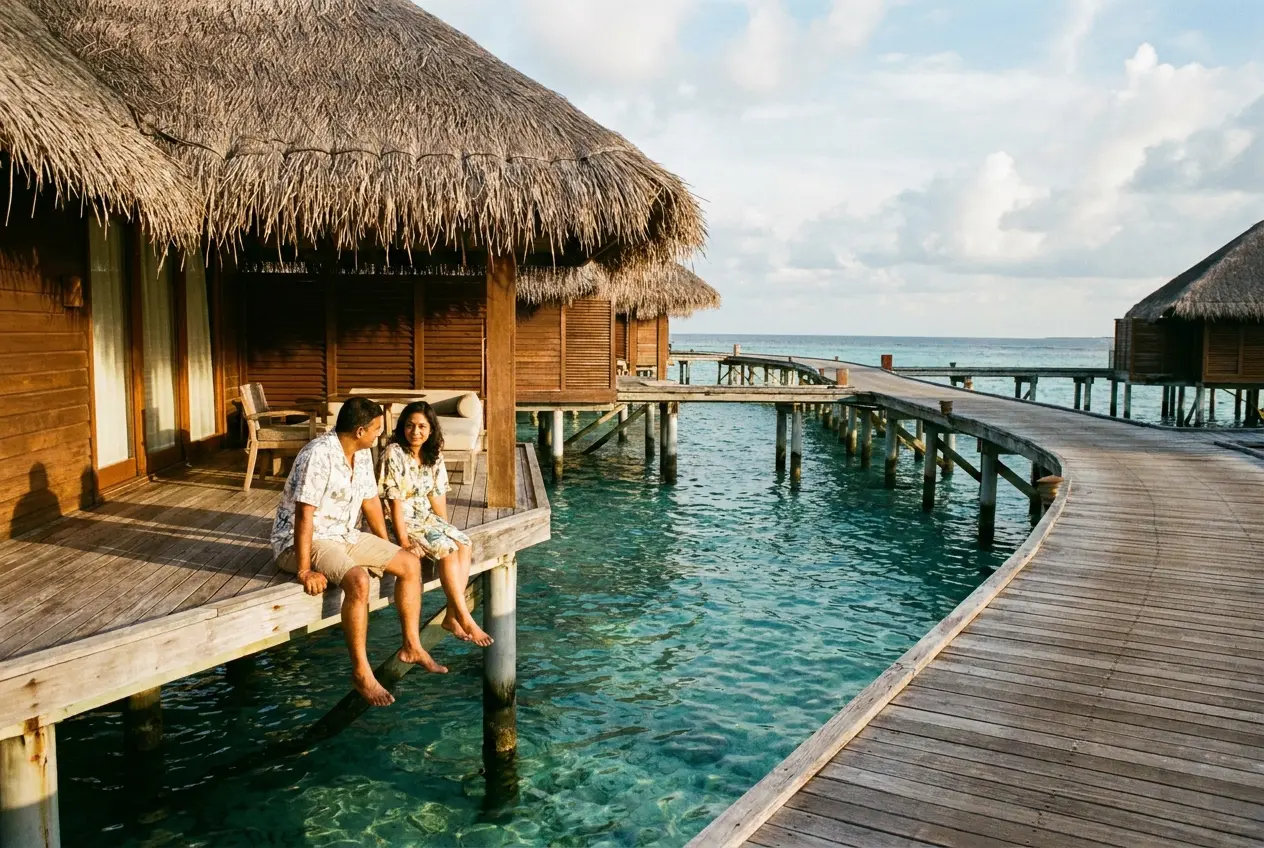 A Malaysian Indian couple sitting on the deck of an overwater villa in the Maldives, feet above the lagoon