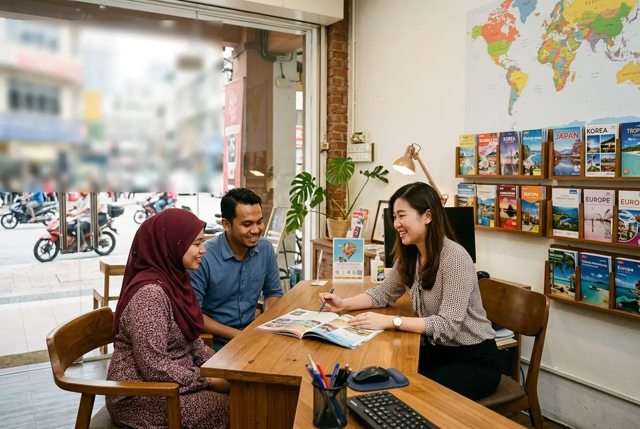 Perunding Jelajah Travel di kaunter membantu pasangan Melayu merancang perjalanan, rak risalah di belakangnya