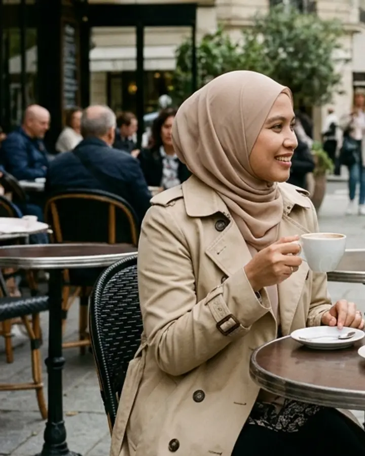 Wanita Melayu bertudung dan berkot labuh minum kopi di kafe tepi jalan Paris