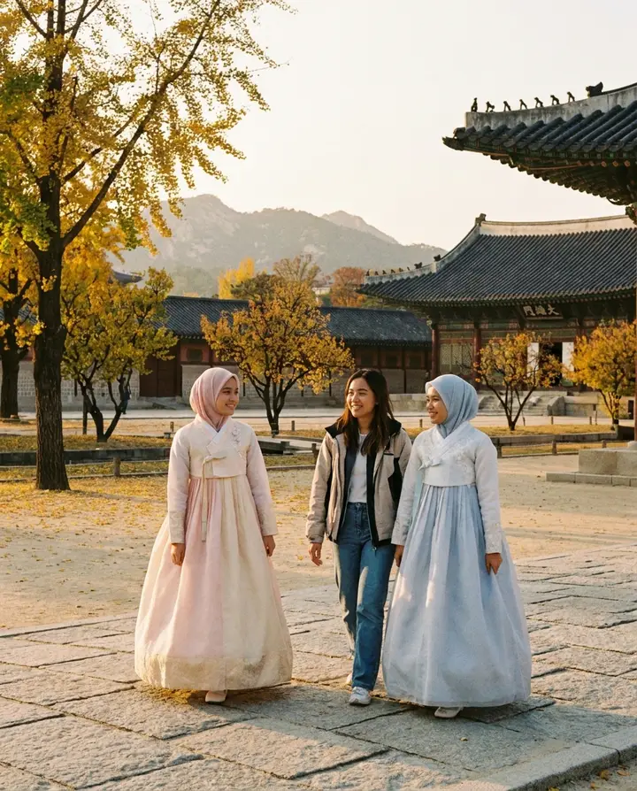 Tiga wanita muda Malaysia, dua bertudung dan berhanbok sewa, berjalan di Istana Gyeongbokgung pada musim luruh