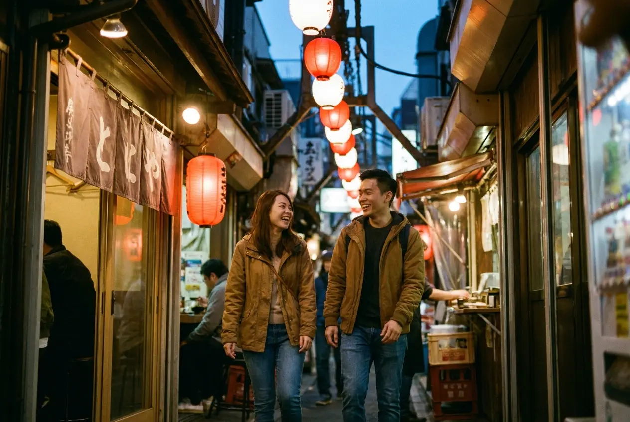 A young Malaysian Chinese couple laughing as they walk down a lantern-lit side street in Tokyo at dusk
